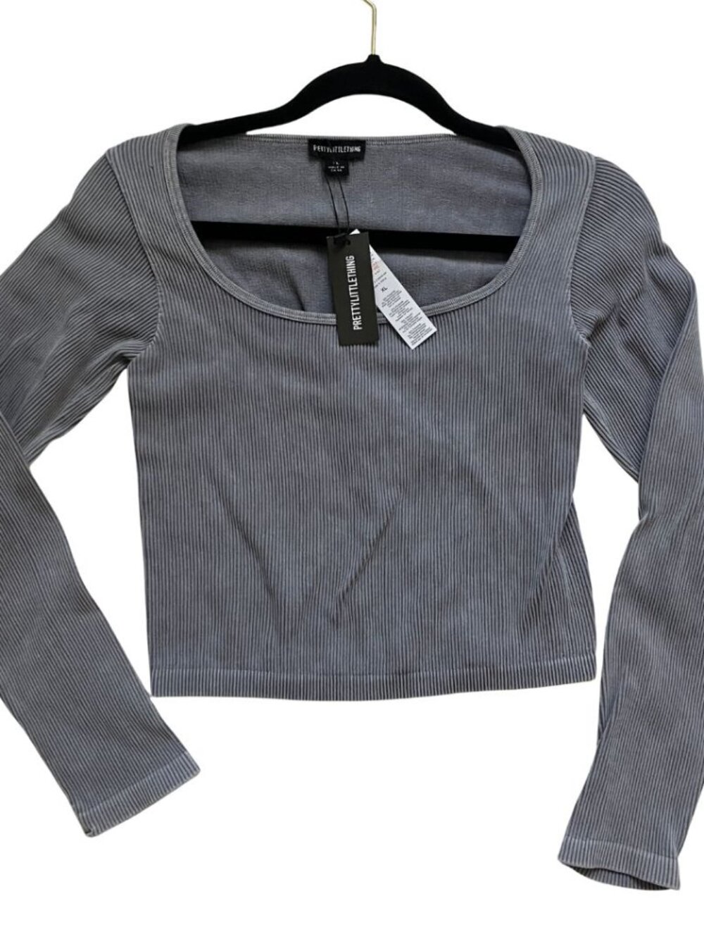 NEW PrettyLittleThing Contour Ribbed Long Sleeve Cropped Top Charcoal Gray Sz XL